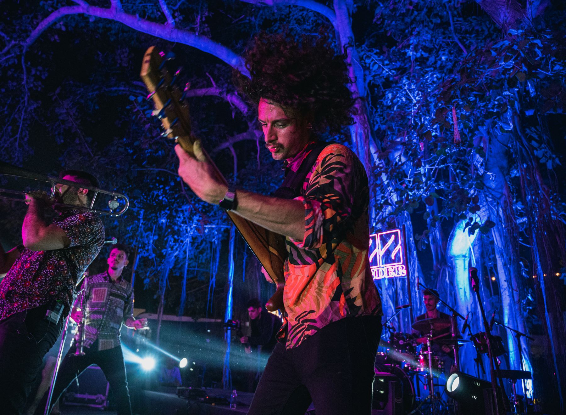 Desmadre Orkesta's bassist playing on stage at Jazz Weekender in Delhi